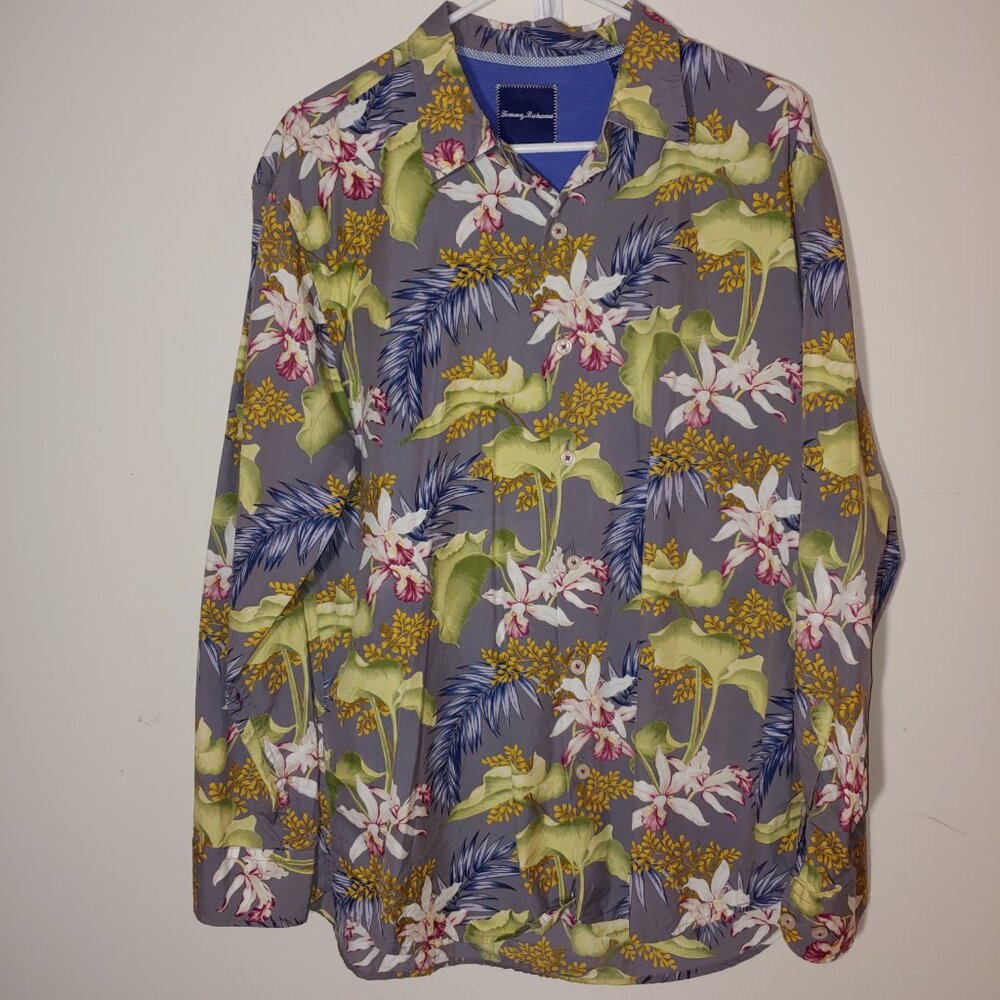 Tommy Bahama Cotton Silk Blend Floral Hawaii Long Sleeves Shirt Size L Grey